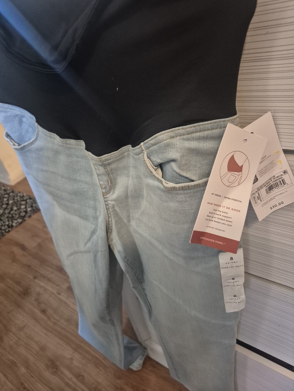 Light Wash Maternity Overbump Jeans with Black Stretch Panel